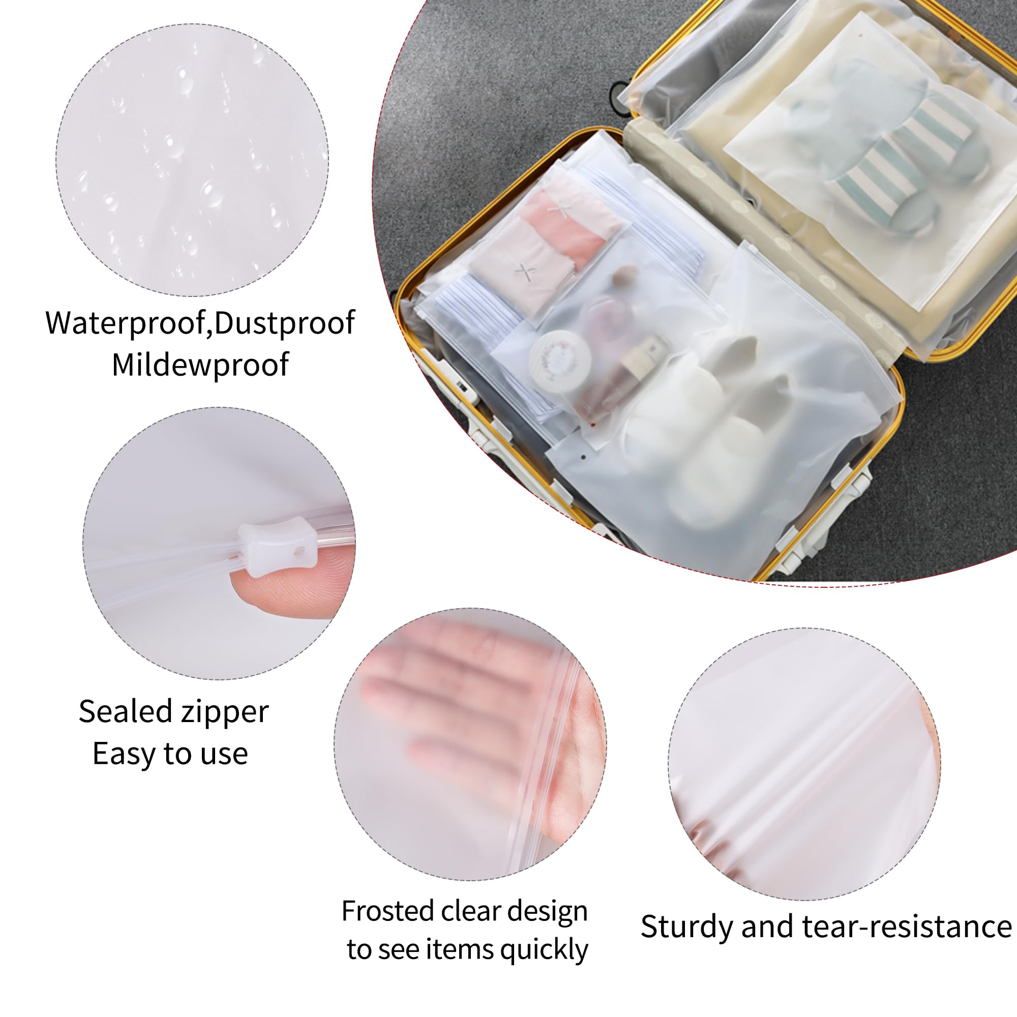 24 Pcs Reusable Ziplock Bags,Travel Clothes Storage Bags,Plastic Hospital Bag Organiser Pouches,Essentials Frosted Resealable Waterproof Luggage Bags for Clothes,Maternity,Shoes, Cosmetics,5 Sizes