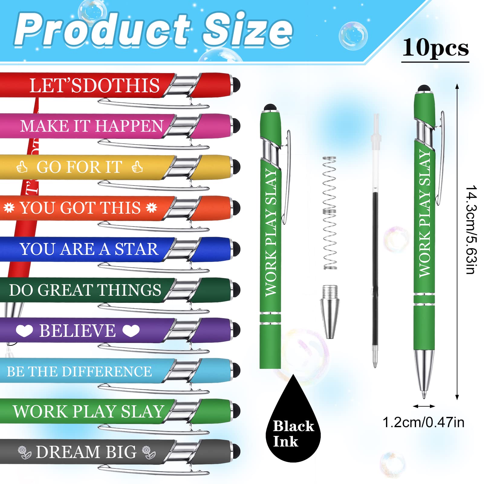 umorismo 10 Pcs Quotes Pen Inspirational Ballpoint Pen With Stylus Tip Motivational Messages Personalised Retractable Pens Metal Pen Set Metal Black Ink Pens Encouraging Stylus Pen