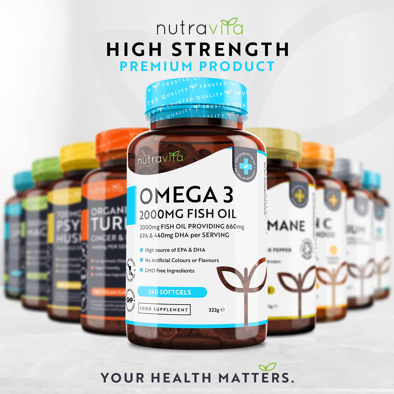 Omega 3 2000mg with 660mg EPA & 440mg DHA per Serving - 240 Softgel Capsules of Sustainably Sourced Pure Omega 3 Fish Oil - Made in The UK by Nutravita