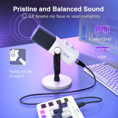 FIFINE PC Gaming Microphone, XLR/USB Microphone for Podcast Recording, Dynamic Mic with RGB, Mic Mute, Monitoring Headphones Jack for Computer/PS4/PS5, for Voice-over Vocal Video-AmpliGame AM8 White