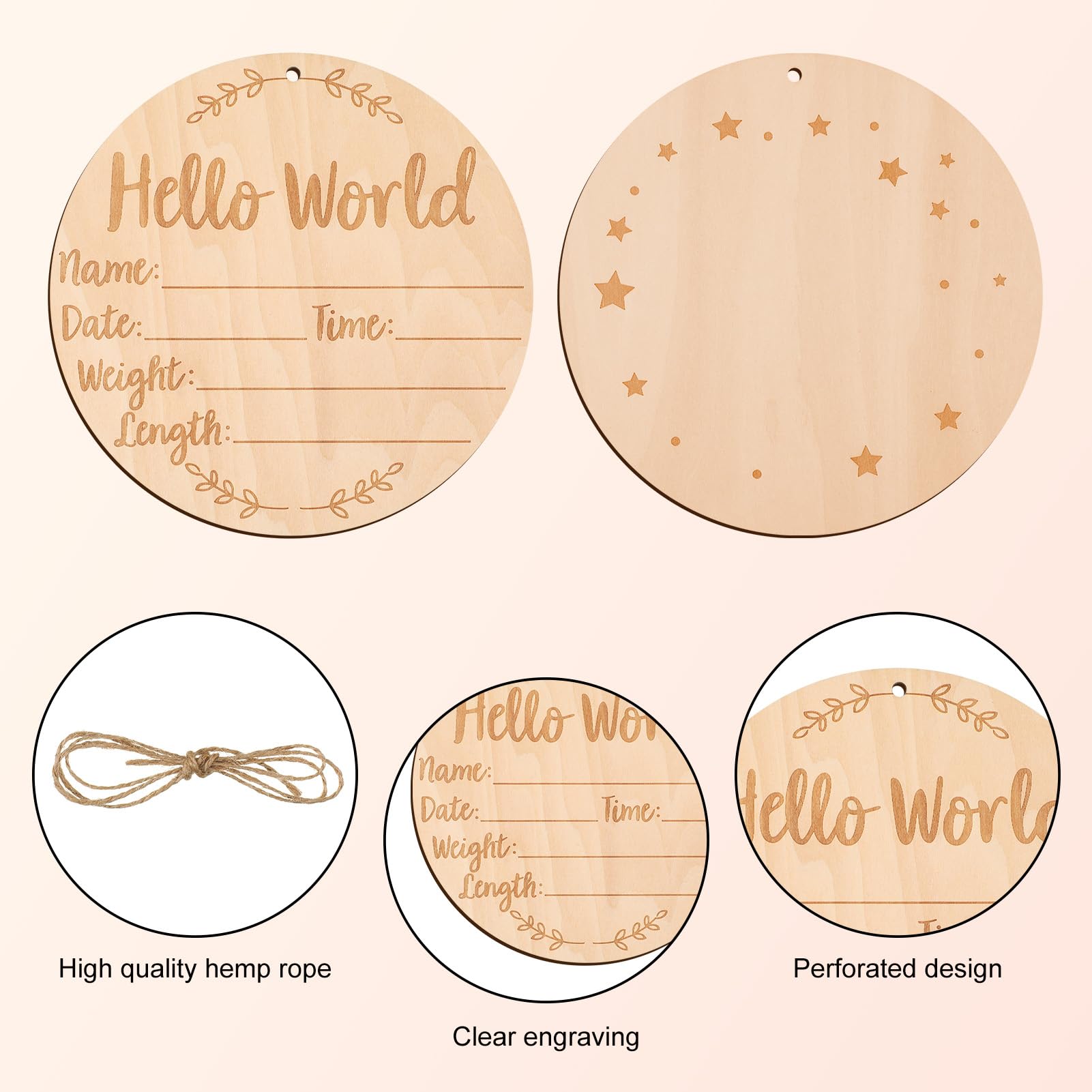 RosewineC Wooden Hello World Baby Sign Set,5.9 Inch Newborn Double Side Wooden Birth Announcement Sign with Ink Pad and Maker Pen Baby Name Announcement Sign Personalized Gifts for Nursery Hospital