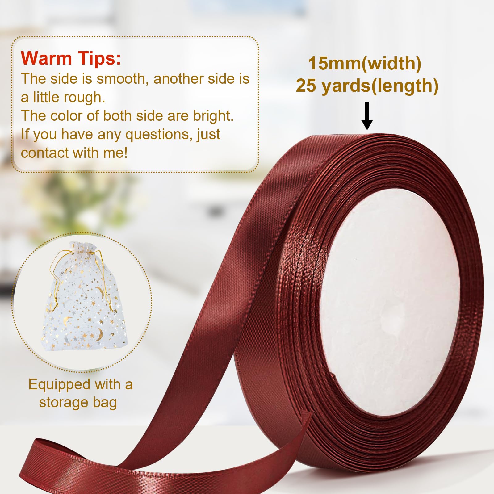 Bealif 25 Yards Red Burgundy Ribbon 15mm for Gift Wrapping,Wine Red Ribbon Polyester Satin Ribbon for Gift Wrapping, DIY Sewing Project, Hair Bows, Xmas Valentine Bridal Bouquets, Wedding Decoration