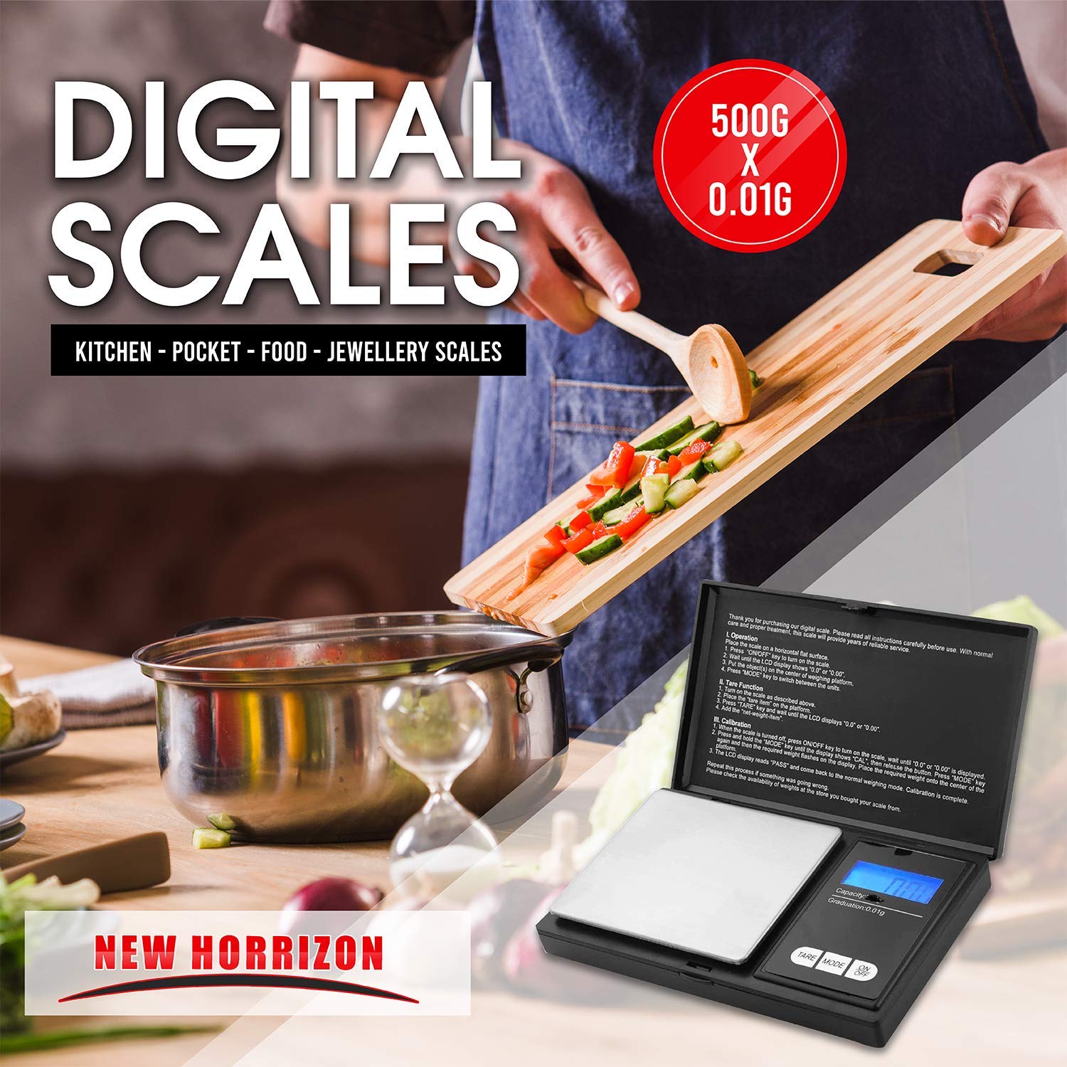 Digital Scales, Kitchen Scales Digital, Pocket Scales, 0.01g x 500g, Food Scale LCD Display, Jewellery Scales Weighing Scales Kitchen by New Horrizon