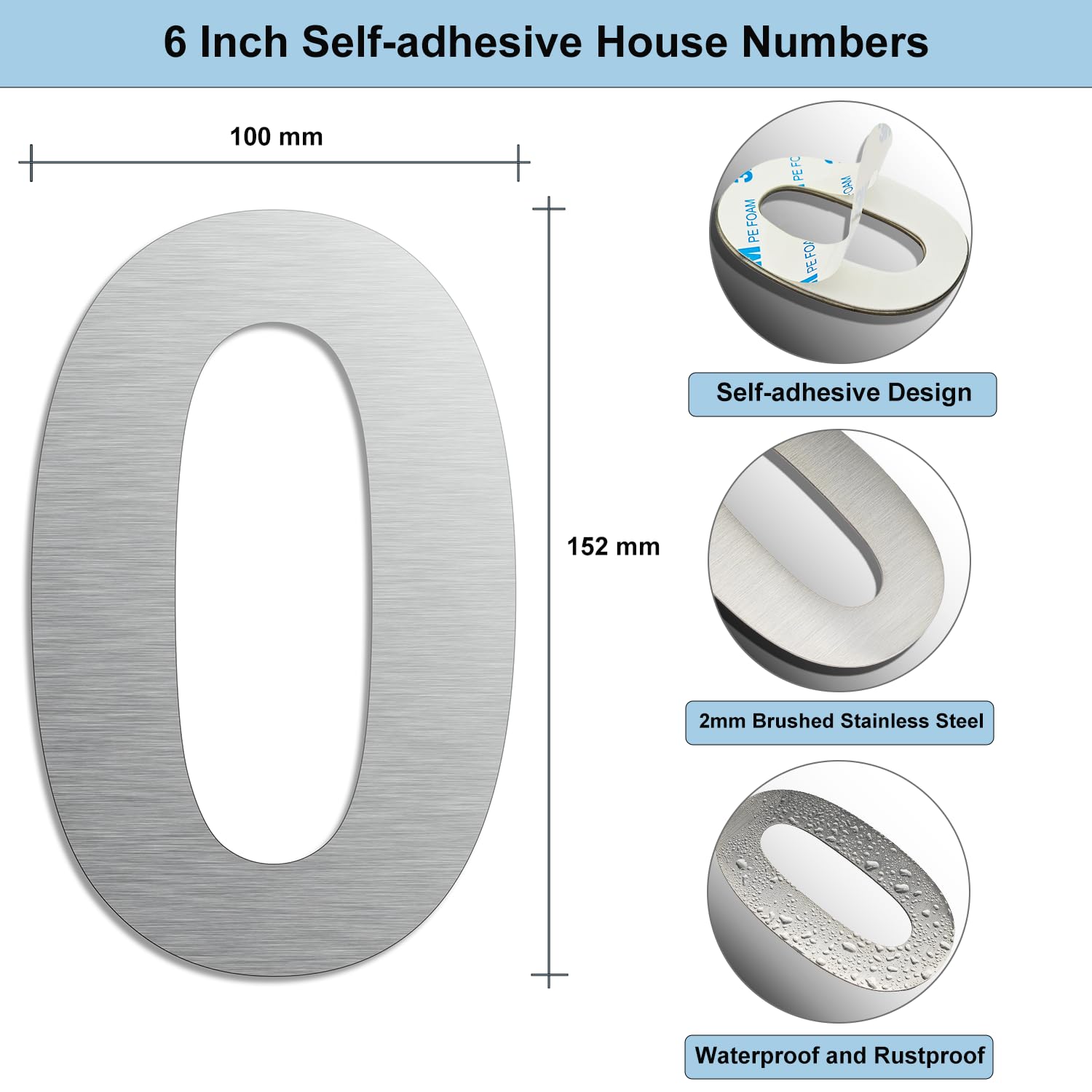 Ywonoby House Numbers, 6 Inch Door Numbers Large Self adhesive Stainless Steel Metal House Numbers Sticker for House Mailbox Address Street Apartment Hotel Courtyard - Silver(0)