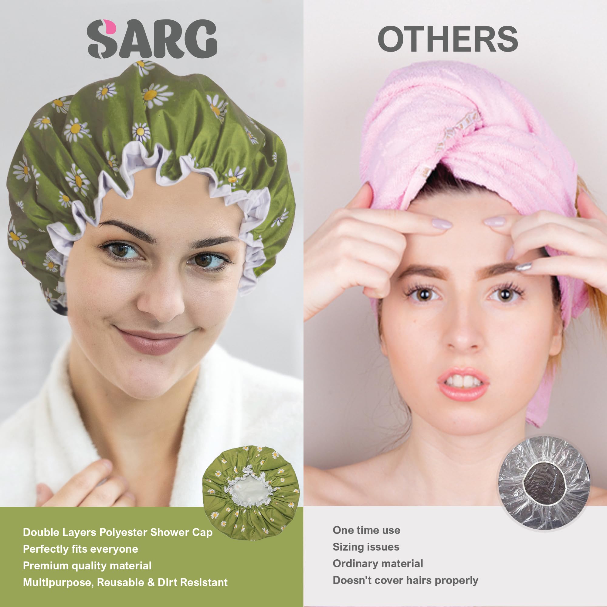 SARG Premium Double Layer Shower Cap for Women with Cool Green Design- Reusable Shower Cap for Hair - Waterproof Plastic Cap - Shower Caps for Long, Short and Curly Hairs