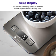 Etekcity Digital Kitchen Scales, Premium Stainless Steel Food Scales, Professional Food Weighing Scales with LCD Display, Incredible Precision up to 1 g (5 kg Maximum Weight), Silver