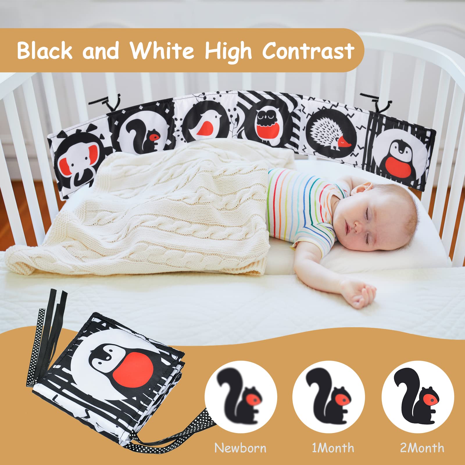 Vicloon Baby Bath Cloth Book, Baby Soft Books, Black and White High Contrast Foldable Soft Fabric Quiet Book, Touch and Feel Crinkle Cloth Books for Babies Infants Toddlers First Book