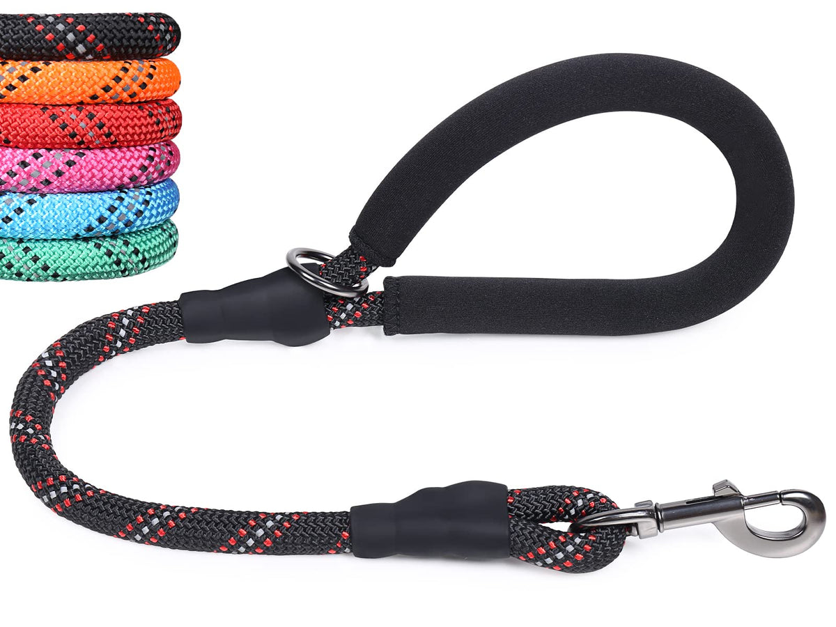 VIVAGLORY Short Dog Lead with Comfortable Padded Handle, 61cm Durable Rope Short Walking & Training Leashes for Dogs with Highly Reflective Threads for Medium & Large Dog, Black