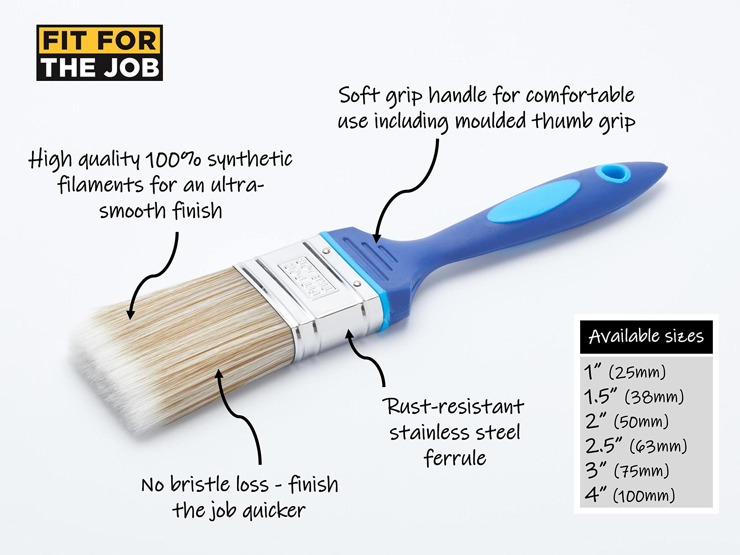 Fit For The Job 1.5 inch No Bristle Loss DIY Paint Brush For A Smooth Finish Painting with Emulsion, Gloss and Satin Paints on Walls, Ceilings, Furniture, Wood & Metal, 1.5 inches 38mm