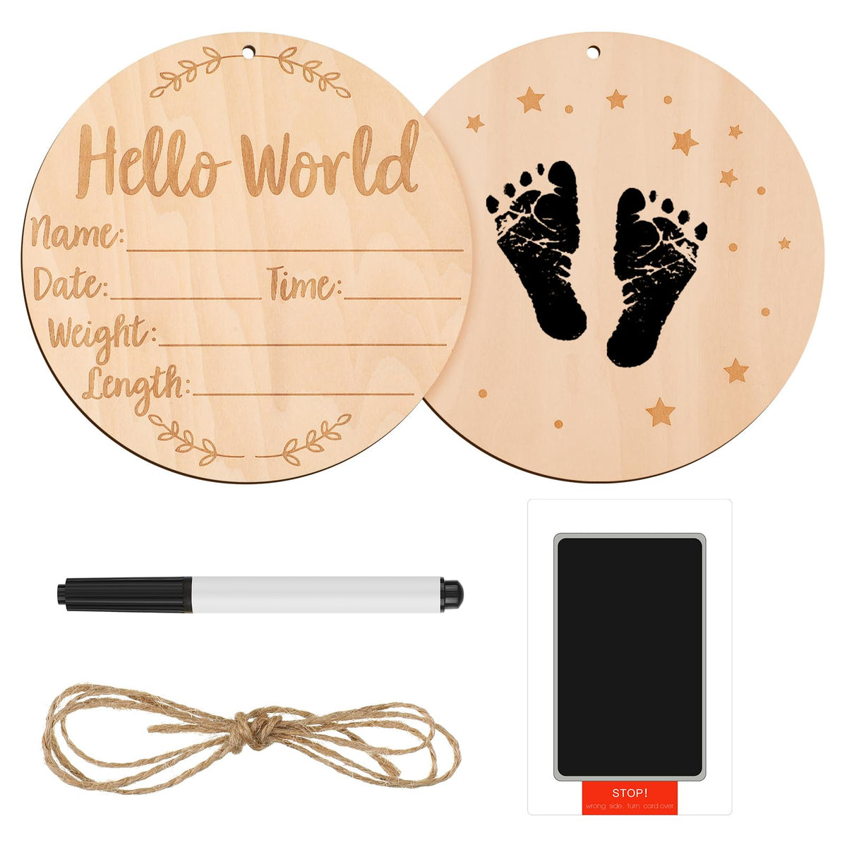 RosewineC Wooden Hello World Baby Sign Set,5.9 Inch Newborn Double Side Wooden Birth Announcement Sign with Ink Pad and Maker Pen Baby Name Announcement Sign Personalized Gifts for Nursery Hospital