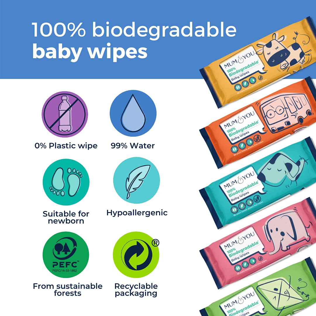 Mum & You 100% Biodegradable Vegan Registered Plastic Free Baby Wet Wipes with Recyclable Packaging, 99.4% Water, 0% Plastic, Hypoallergenic & Dermatologically Tested, 56 Count (Pack of 6)