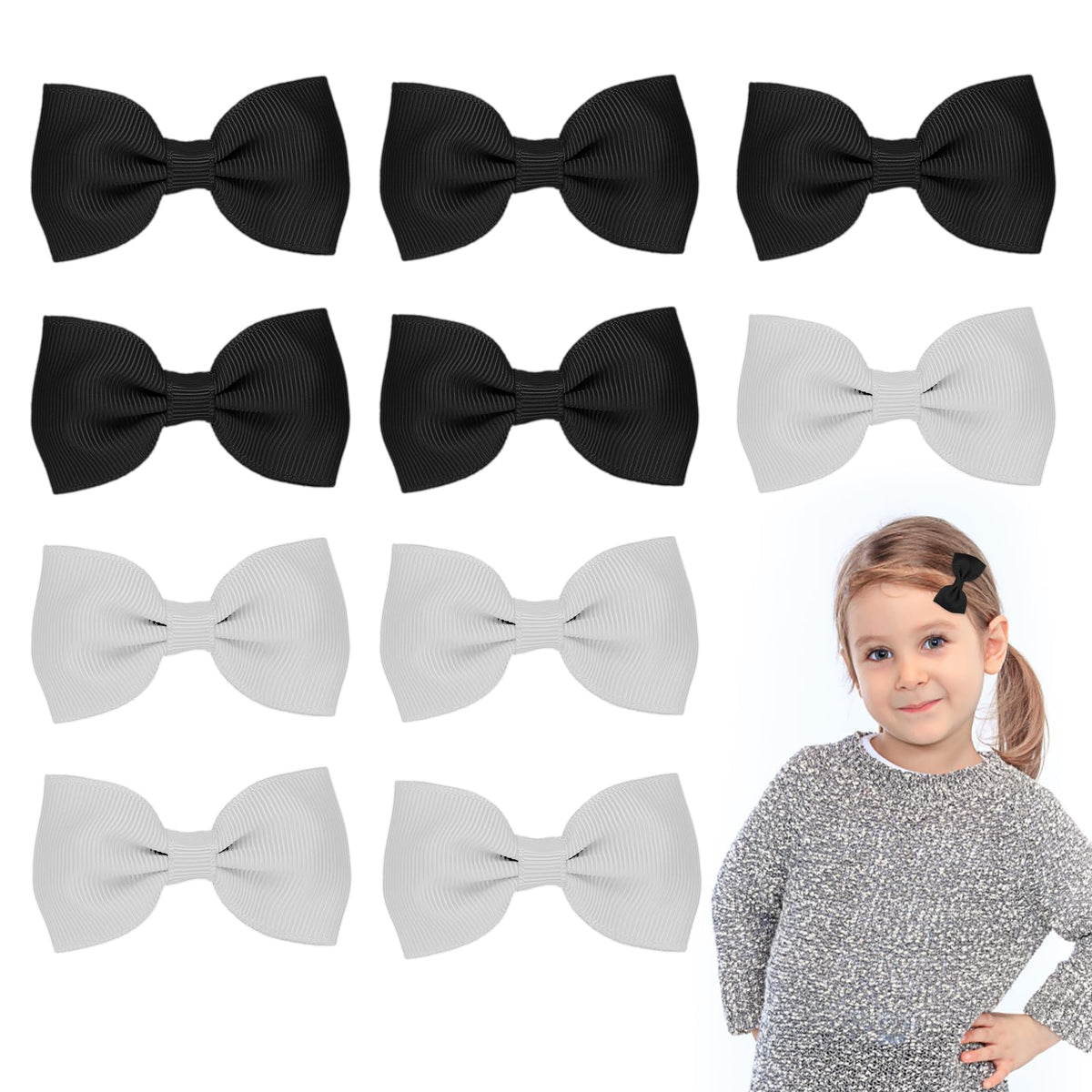 Sibba Bows Hair Fastener Clips Barrettes 10 PCS Little Small Grosgrain Ribbon Non-slip Hairpin Headpiece Headwear Girl French Bowknot Hairstyle Braids Ponytails Easter Party(Black/white)