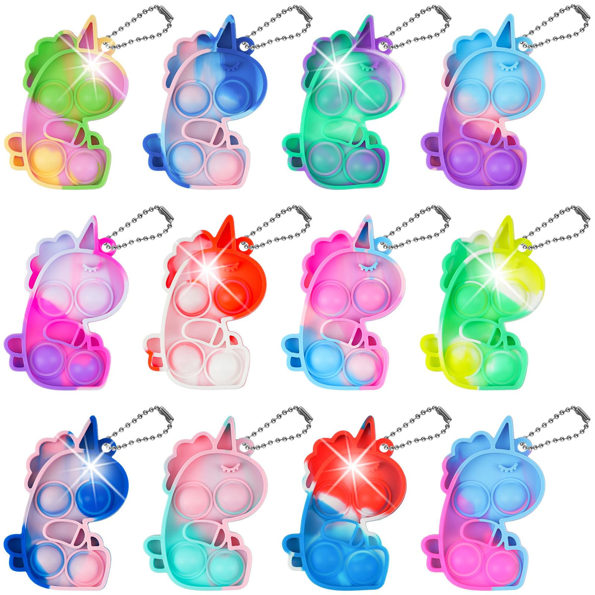 Ainiv 12 PCS Mini Fidget Pop Bubble Toys, Unicorn Squeeze Toys with Keyring, Cute Poppet Bubble Sensory Toys, Stress Anxiety Relief Toys Desk Toy Wrap for ADHD, Autism, for School Kids Office Adult
