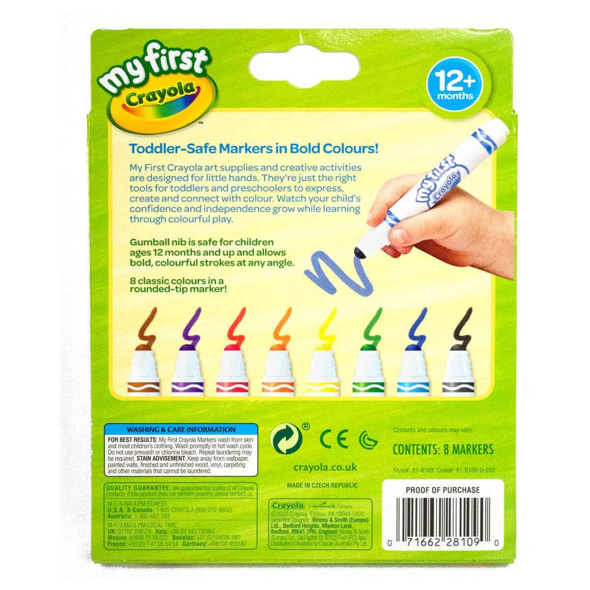 CRAYOLA MyFirst Washable Markers - Assorted Colours (Pack of 8)   Easy-Grip Markers Ideal for Toddlers Hands   Ideal for Kids Aged 12and Months