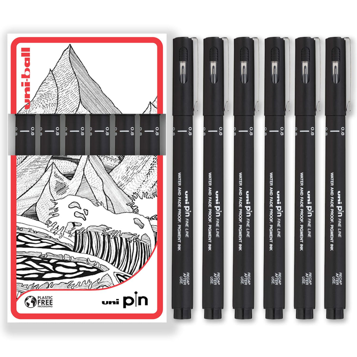 Uni Pin Fineliner Drawing Pen - Black Ink - Pack of 6 - Fine Line 0.8mm Nib Tip - In Gift Box