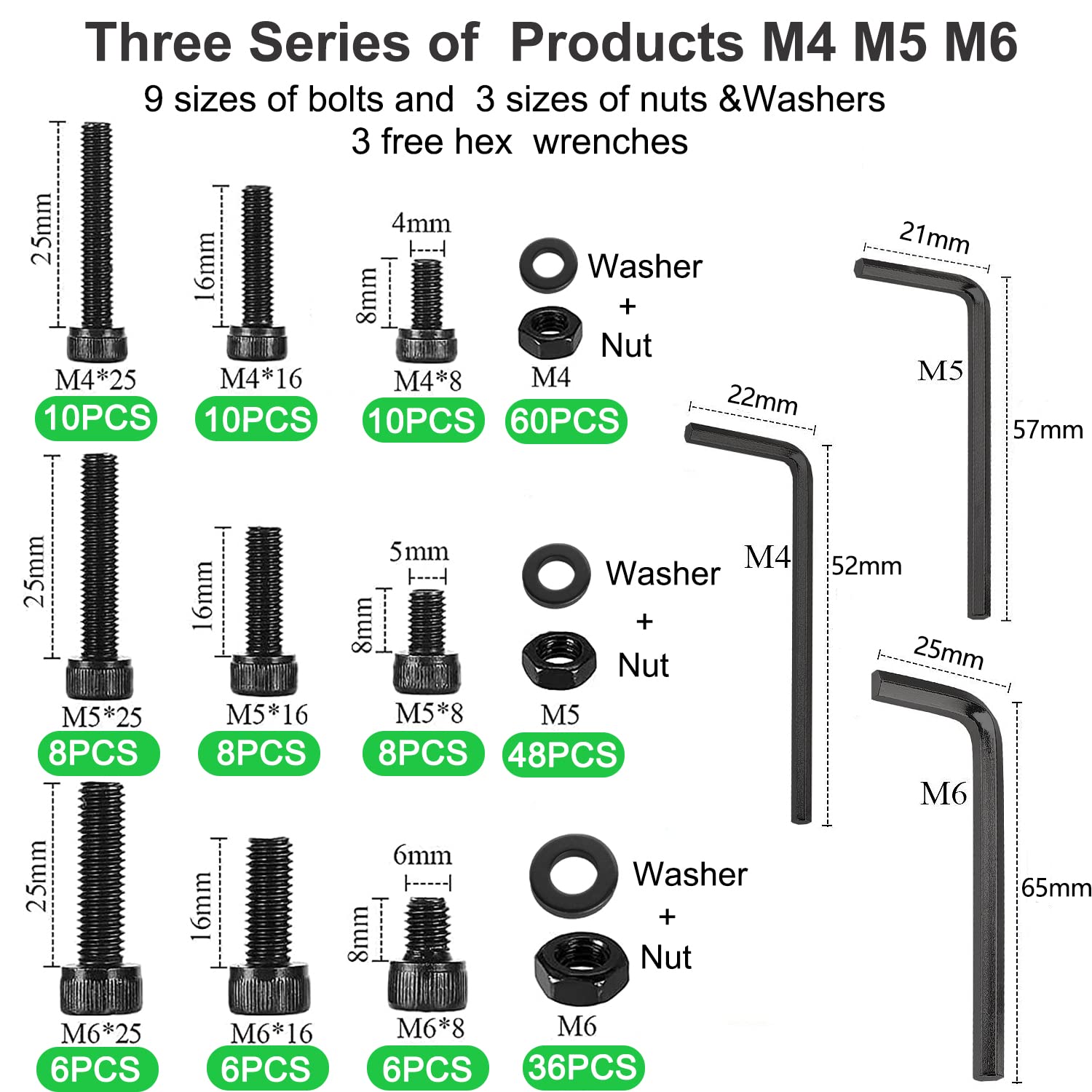 219 Pcs Nuts and Bolts Set, M4 M5 M6 Black Hex Socket Machine Screws, Hex Socket Bolts Nuts and Washers Assortment Set Kit with Wrenches (Black)