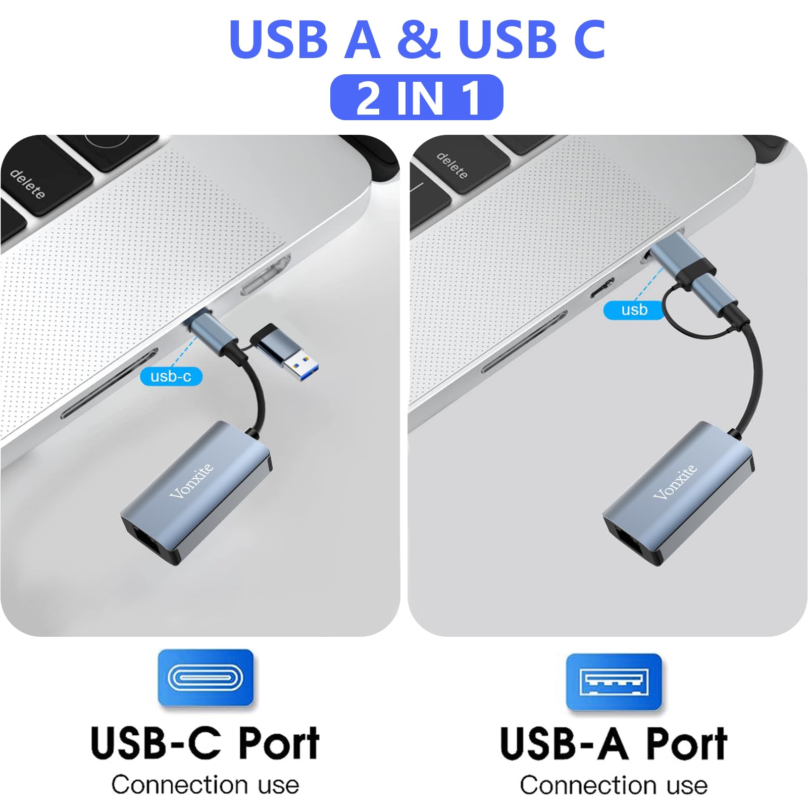 Vonxite USB C to Ethernet Adapter, USB 3.0 Network Adapter, USB to 1000Mbps Gigabit RJ45 LAN Ethernet Adapter, Aluminum Gigabit LAN Wire Adapter Compatible with MacBook, Steam Deck, iPad, TV Box, etc.