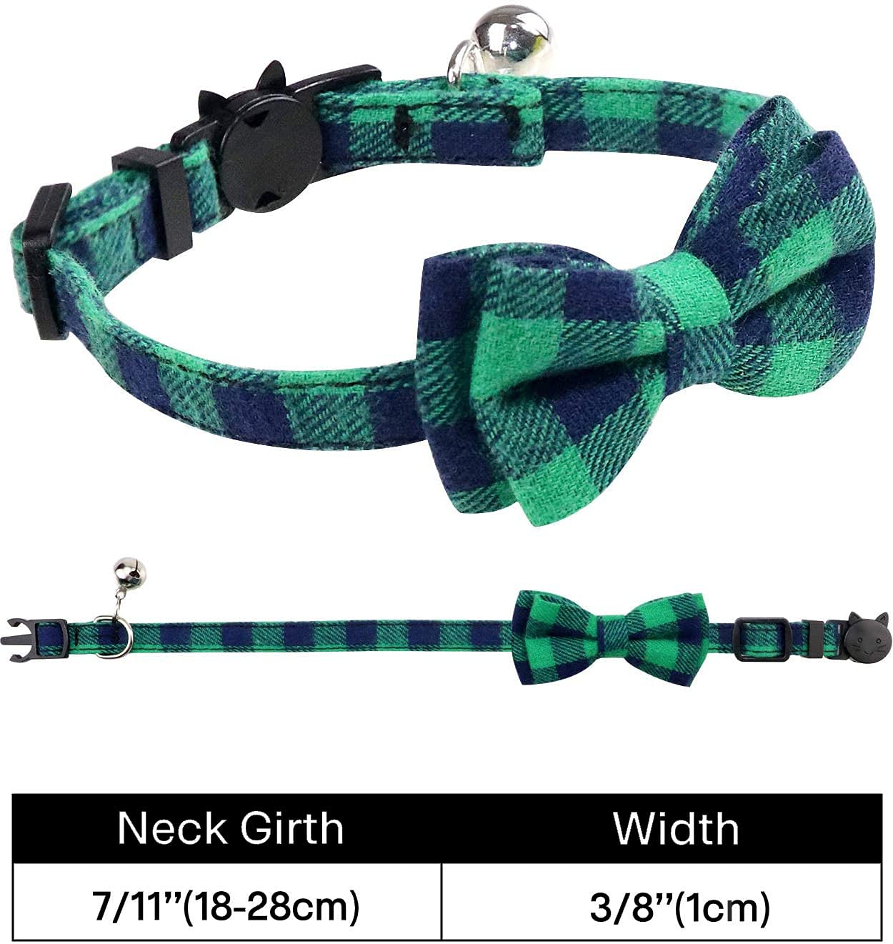 Cat Collar with Bell and Bow Tie, Quick Release Safety Buckle Collars for Kitten and Cats, Soft Tartan Design (Green & Blue)