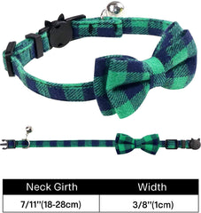 Cat Collar with Bell and Bow Tie, Quick Release Safety Buckle Collars for Kitten and Cats, Soft Tartan Design (Green & Blue)