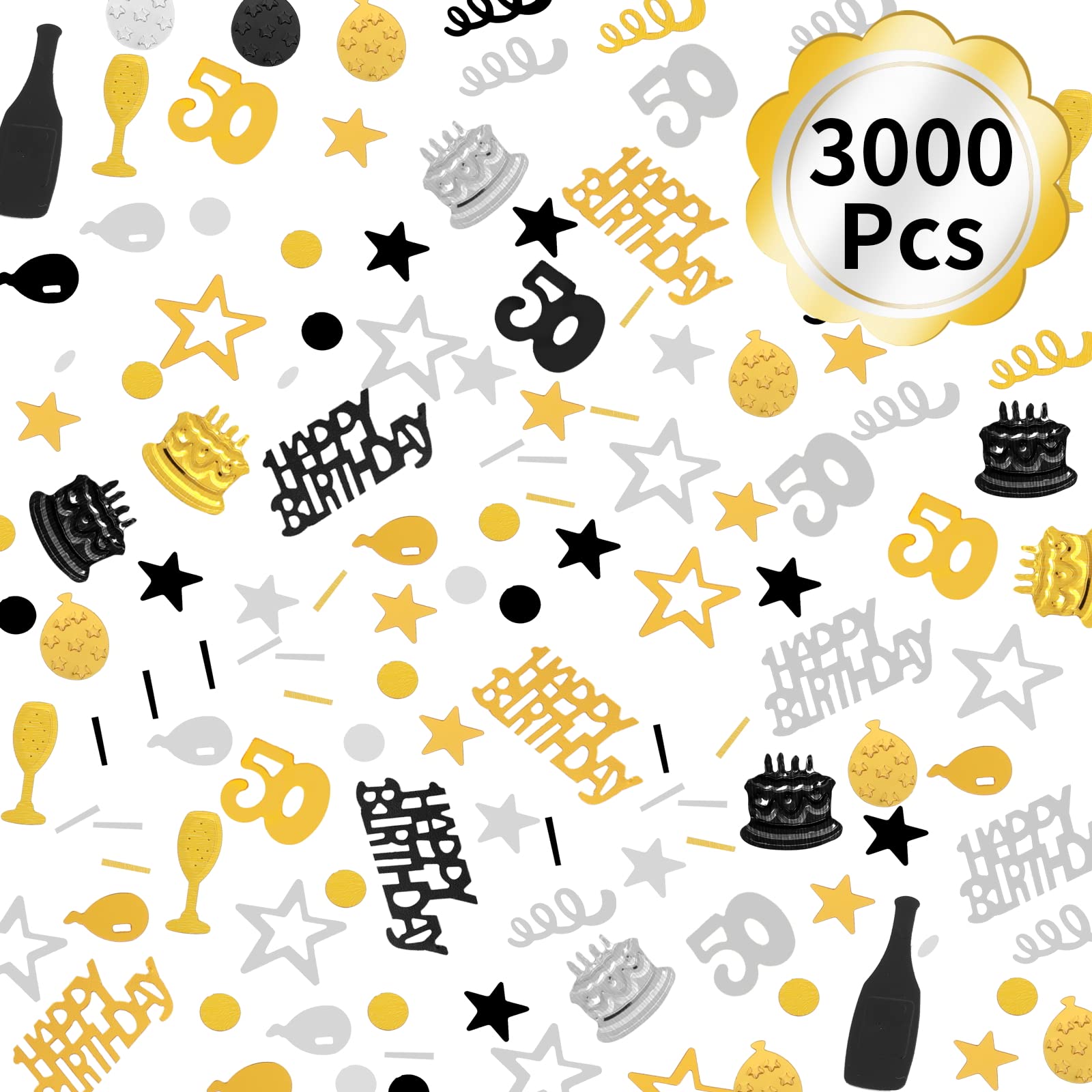 3000 Pieces Birthday Confetti Number 50 Glitter Confetti Birthday Cake Confetti Table Confetti Black Gold and Silver Party Decorations Supplies for Birthday, Anniversary (50th Style)