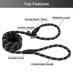 Loutep Slip Lead for Dogs- 1.8m Black Rope Dog Lead With Reflective Stitching Slip on Easily With No Collar or Harness Needed Ideal for Large & Medium Dogs