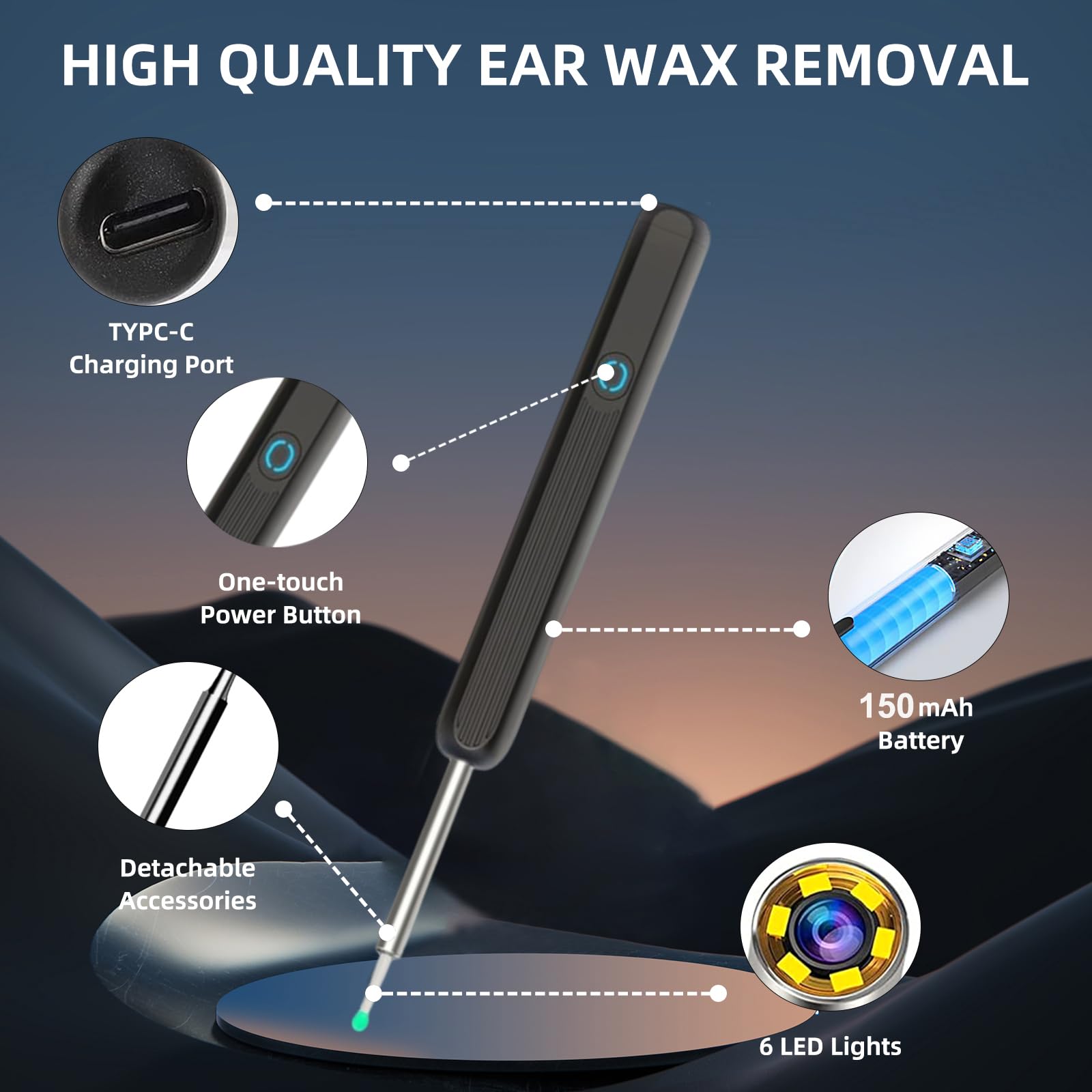 NE3 Ear Wax Removal Kit 3.6mm 1296p HD Wireless Pocket LED Camera,with App Control,IPX7 Waterproof Ear Endoscope with 8 Ear Cleaner Kit for Kids,Adults,Pets Available for iOS&Android.(Black)