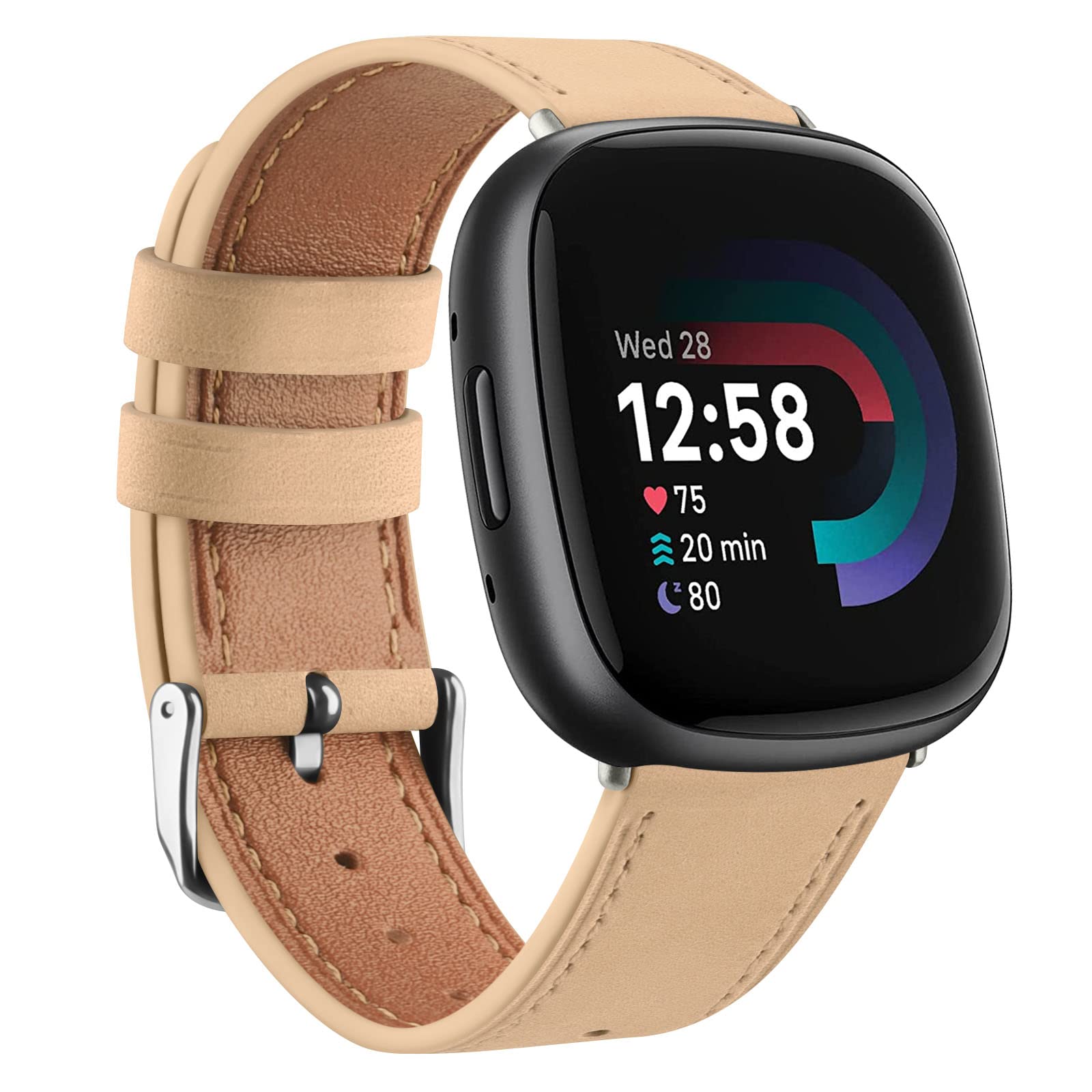 Leather Strap Compatible with Fitbit Versa 3 Straps/Fitbit Sense Strap for Women Men,Genuine Leather Replacement Compatible with Fitbit Versa 3/Fitbit Versa 4/Fitbit Sense 2 (Apricot)