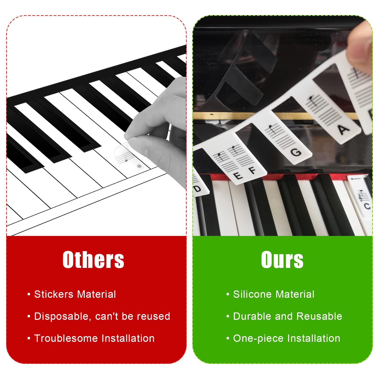 Removable Piano Keyboard Note Labels, Piano Key Music Notes Letter Label for Beginner Made of Silicone, Fits Study 88-key Full-Size Reusable Comes with Box （Classic Piano Color）