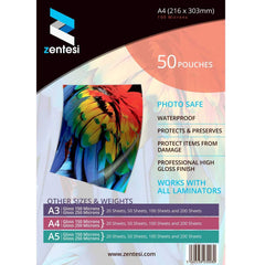 Zentesi A4 Laminating Pouches High Gloss Laminator Sleeves 150 Micron (75 and 75 Microns) Glossy Laminate Pouch Sheets - Pack of 50