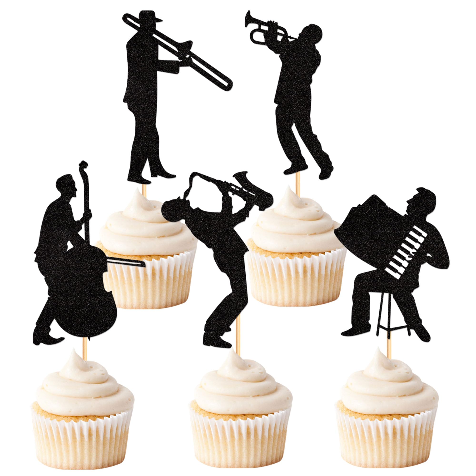 Blumomon 25 Pcs Jazz Band Cupcake Toppers Black Glitter Band Cupcake Decorations Picks Vintage Jazz Music Theme Cupcake Picks Music Concert Theme Birthday Party Cake Decorations Supplies