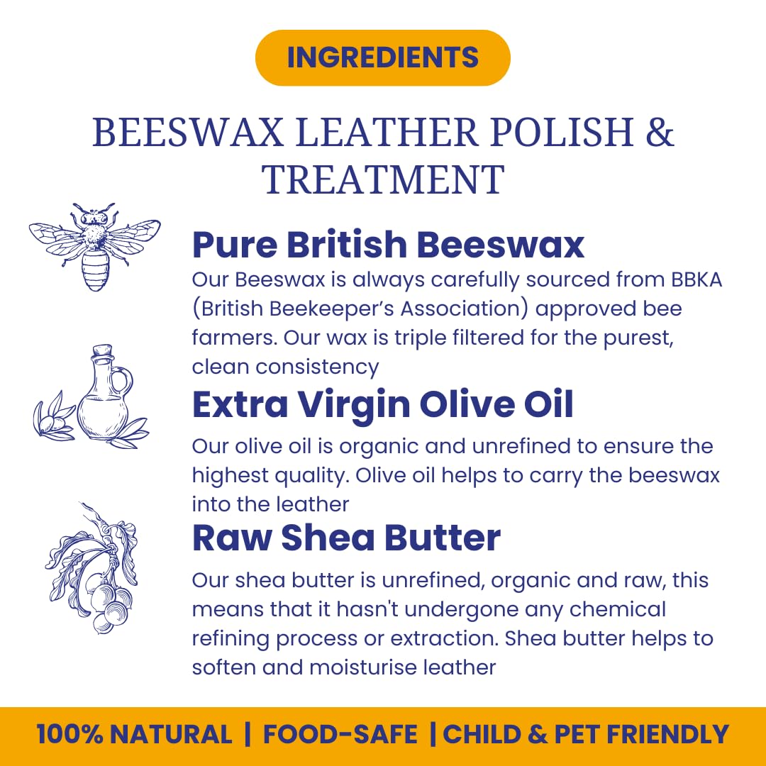 Beeswax Leather Polish Restorer & Conditioner 200ml - Hand Poured British Beeswax Balsam CLEANS SEALS and PROTECTS Handcrafted in Wales UK Rich Natural Leather Conditioner and Leather Restorer