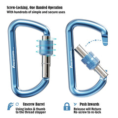 FresKaro 3inch Locking Carabiner Clips Heavy Duty, Strong 12kN Screw-gate Aluminum Carabina, Karabiner Hooks, Rust free, Lightweight, for Dog Lead, Hammocks, Swing, Camping, Key, D-Shaped, 2Pack,Blue