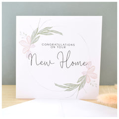 New Home Card   Congratulations New Homeowners Card   Card for Friend sister Mum Colleague Neighbour   Elegant Floral Wreath   148mm Square Modern Greeting Card