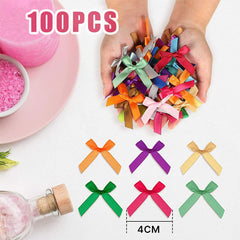 100 pcs Mini Ribbon Bows, Double Sided Satin Multicolored Ribbon Bows Flowers Appliques DIY Craft for Sewing, Scrapbooking, Wedding, Gift