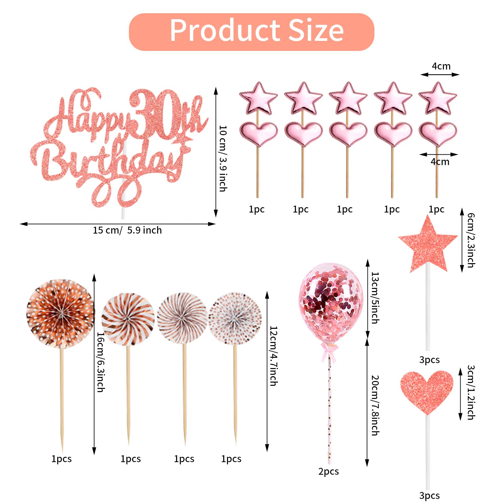 Happy 30th Birthday Cake Topper Rose Gold Glitter 30th Birthday Cake Topper Kit with Star Heart Paper Fan Confetti Balloon 23pcs Romantic Cupcake Topper for Women 30th Birthday Party Cake Decorations