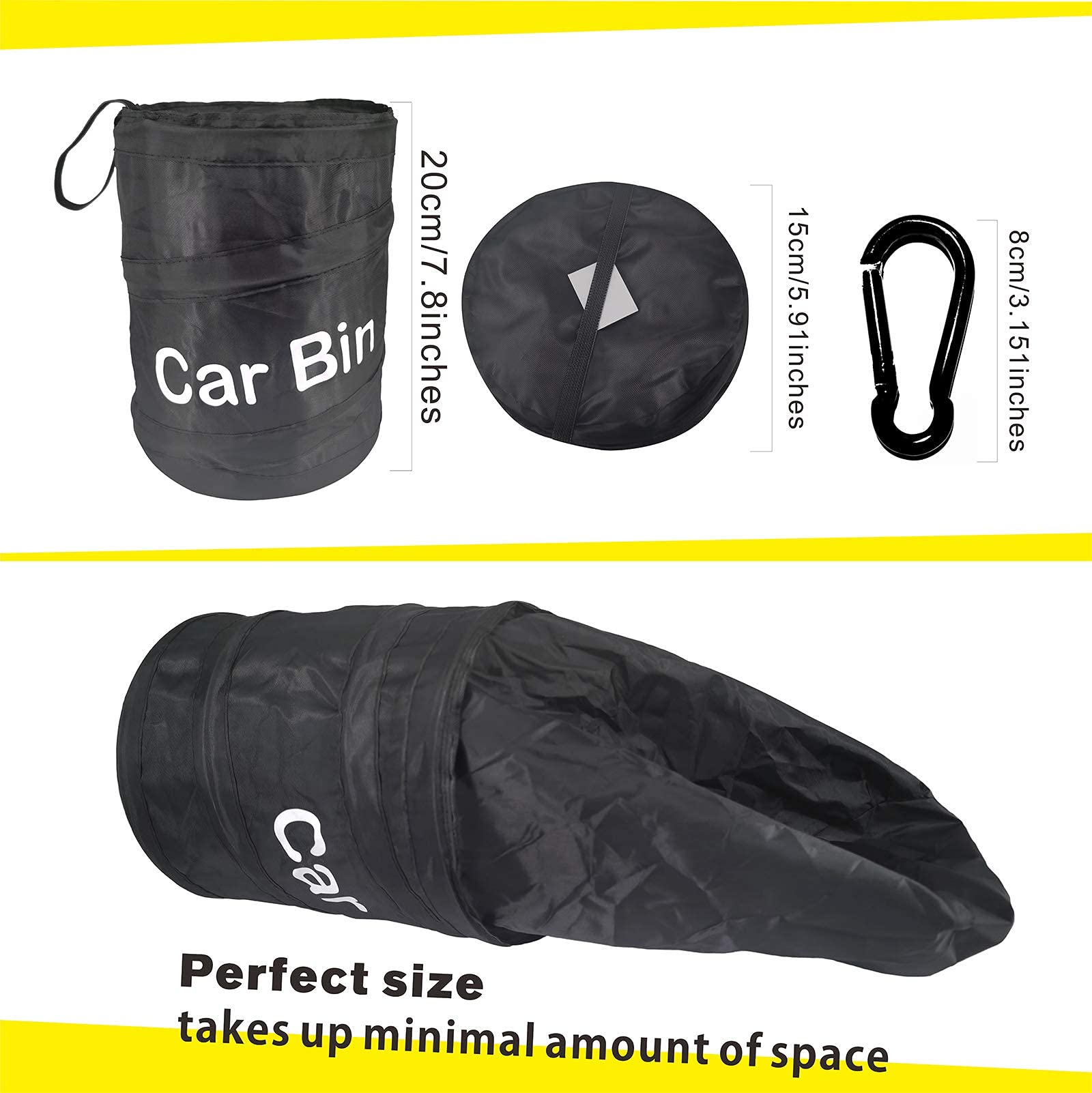 Uoking Car Bin - Portable Collapsible Car Trash Can Pop-up Waterproof Car Bin Tidy with 1 Hook Hanging Car Rubbish Bin for Front/Back of Car - Black