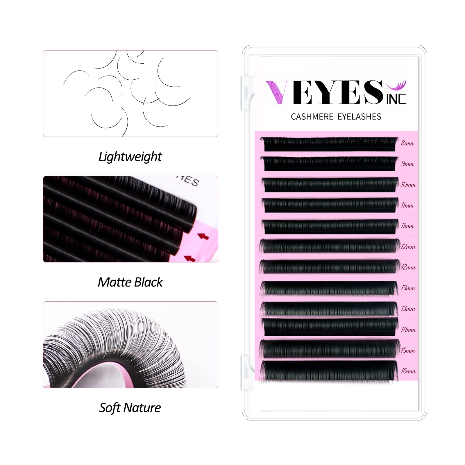 VEYES Cashmere Individual Lash Extensions 0.03 0.05 0.07 C/CC/D Curl 8-20mm Mixed & Single Length Volume Eyelashes Tray, Matte Black, Professional Supplies for Lash Techs (0.05 D 8-16mm)