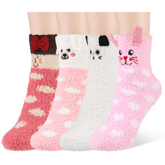 Radsocken 4 Pairs Fluffy Socks for Women and Girls,Cute Animal Pattern Socks Winter Warm Animal Bed Socks Soft Fuzzy Slipper Socks Cozy Cute Fluffy Home Socks Chiristmas Gifts