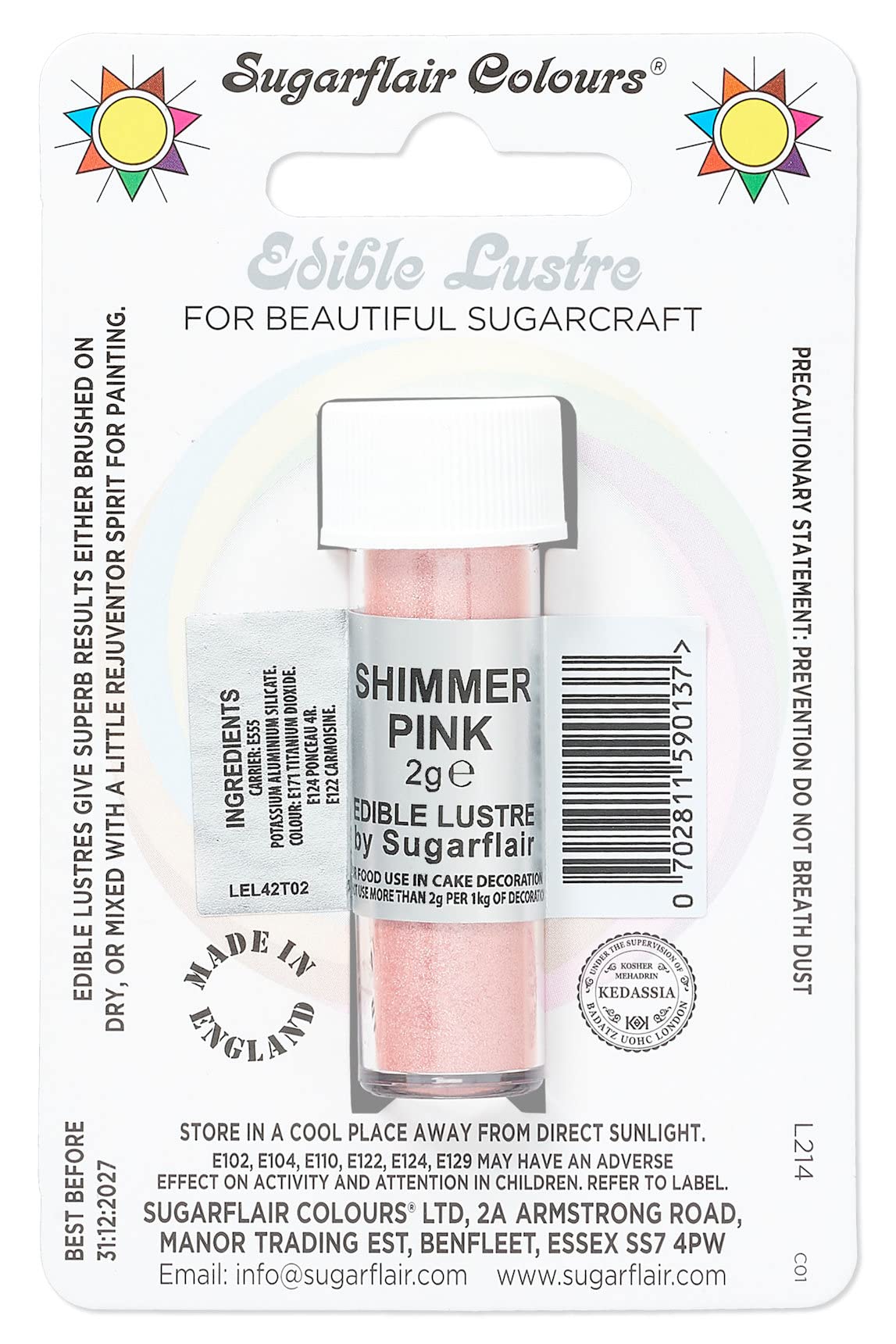 Sugarflair Shimmer Pink Edible Lustre Dust, Add a Lustrous Shine to Cakes or Decorations. Brush On or Add Rejuvenator to Create Eye-Catching Edible Paint, Gives Shine to Your Bakes - 2g