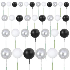 Gyufise 30Pcs Balls Cake Toppers Ball Cake Picks Ball Shaped Cupcake Toppers Foam Balls Cake Topper Mini Balloons Cake Decorations for Wedding Baby Shower Birthday Party Supplies Black White Silver