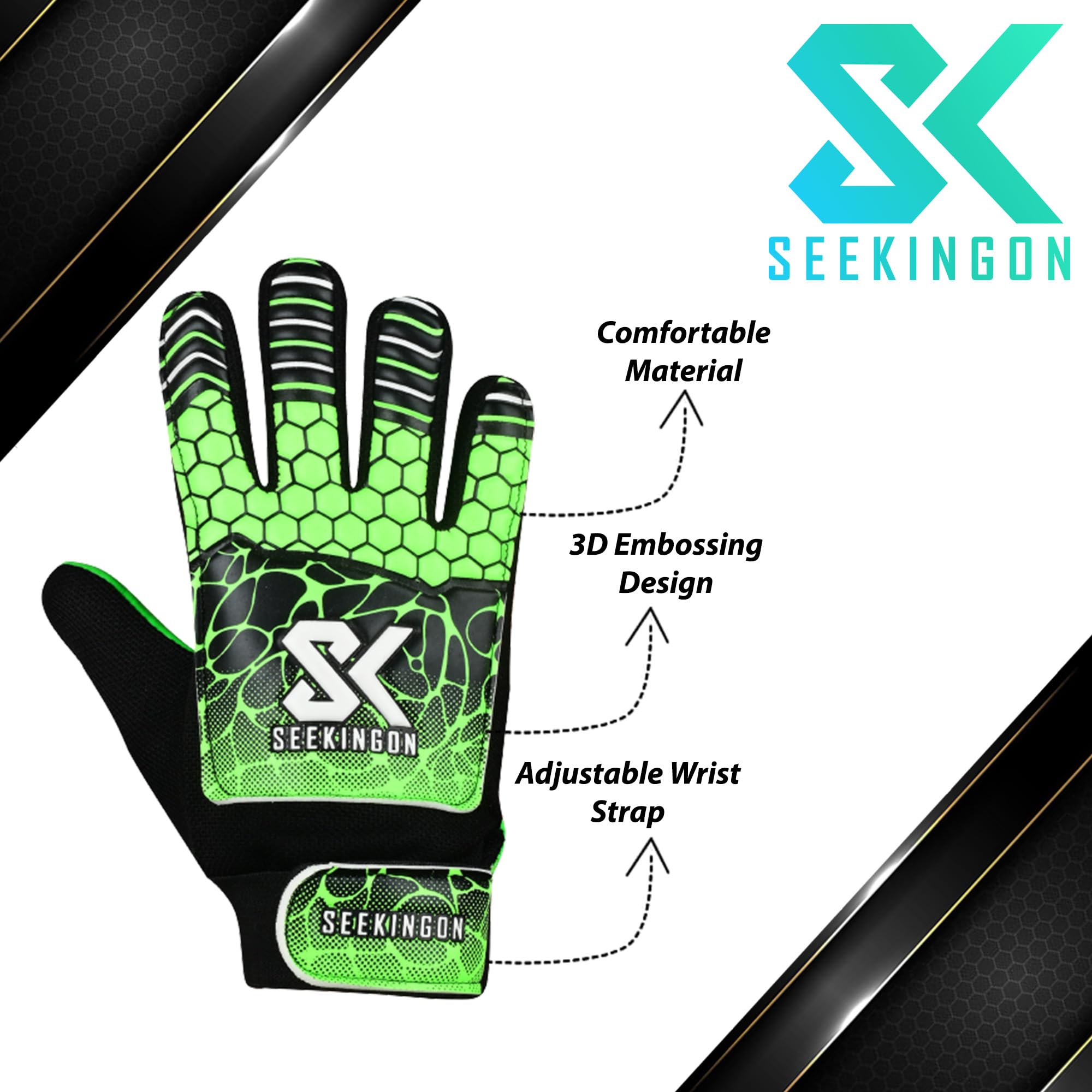 Seekingon Goalkeeper Gloves Kids, Children, Football Training Gloves with Premium Grip, Weather-resistant, Breathable, Latex Goalie Gloves Sizes 4/5/6/7 (Black/Green, 7 S-M Adult)