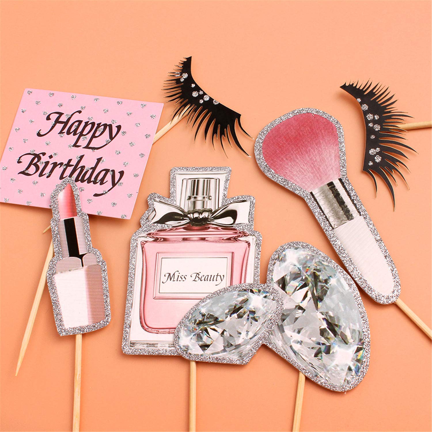 Mnixy 28Pcs Glitter Makeup Cupcake Toppers Cosmetics Cupcake Picks Eyelash Diomand Perfume Lipstick Cupcake Picks Happy Birthday Cake Decoration for Girls 18th Birthday Bachelorette Party Supplies