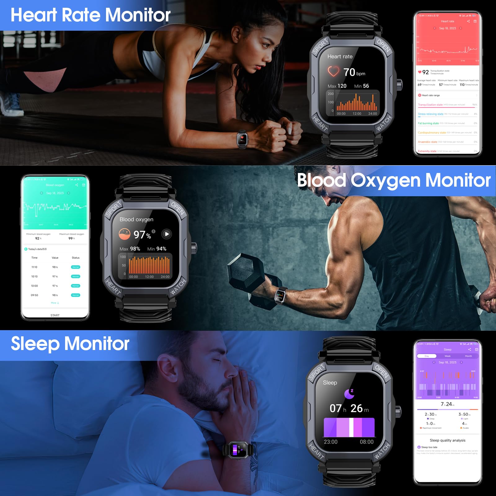 Smart Watch for Men Answer/Make Calls, 1.85 inches Touch Screen Smartwatch with Heart Rate Sleep Monitor Step Counter, 113 Sports Modes Fitness Watch, IP68 Waterproof Fitness Tracker for Android iOS, Black