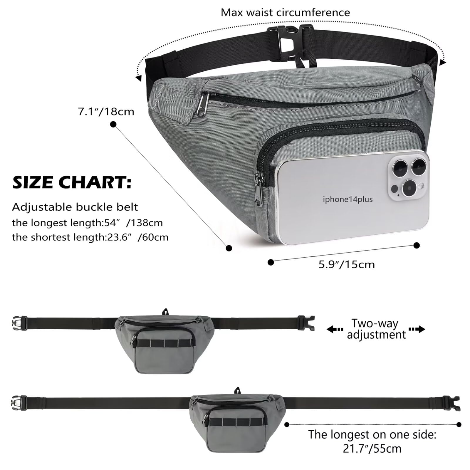 MAVHVAM Bumbags for Ladies Fanny Packs for Men Running Bag with Zipper Fashion Waist Packs Chest Cross Body Sling Bag Bum Bags for Hip Workout Travel Hiking Cycling Casual Dark Gray