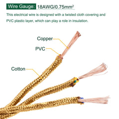 sourcing map Twisted Cloth Covered Wire 3 Core 18AWG 2 Meter/6.6 Feet, Vintage Woven Fabric Electrical Cable for Pendant Light DIY Project, Gold Tone