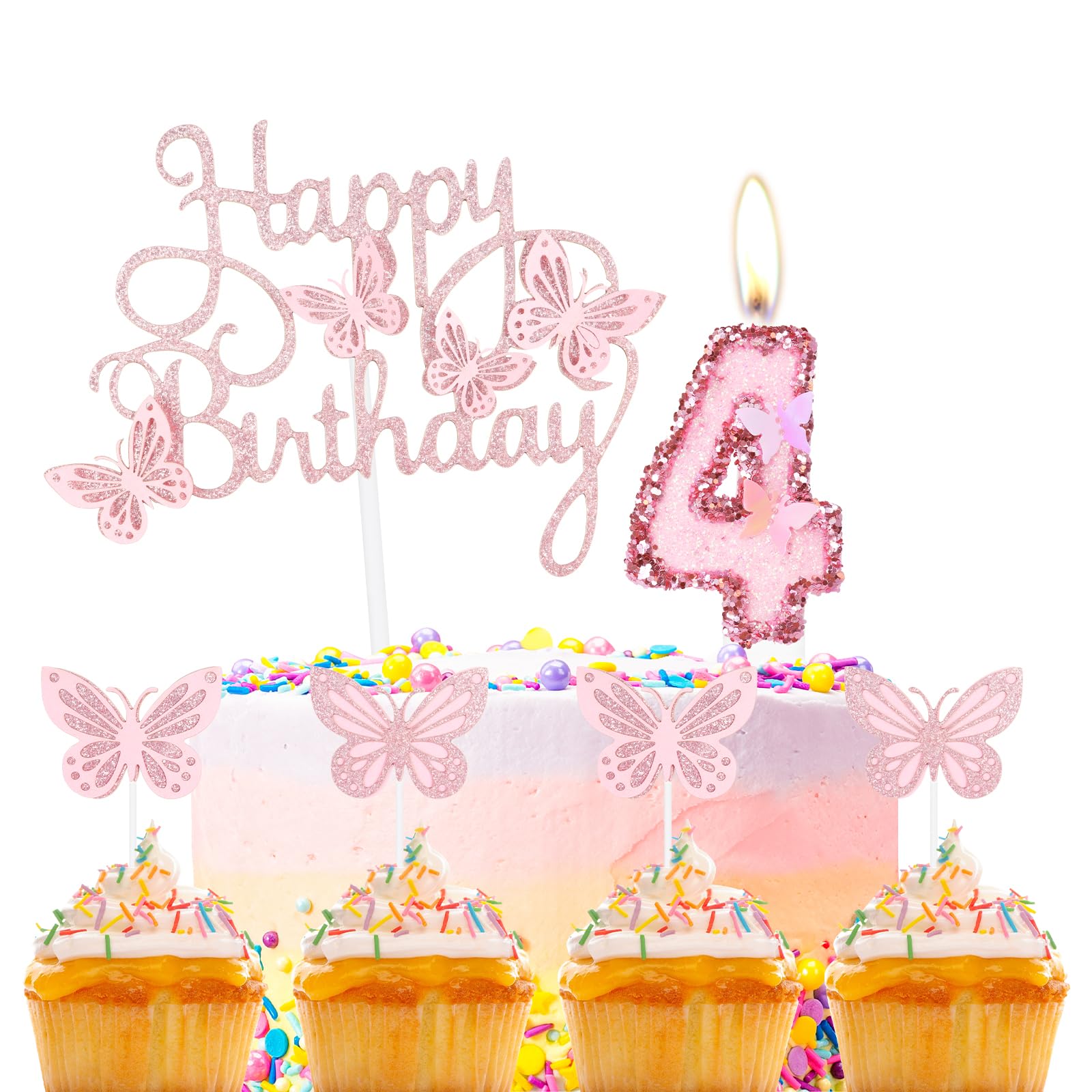 Happy 8th Butterfly Birthday Candles, Pink Number 8 Candle with Butterfly Cake Cupcake Topper for Girls, 8th Birthday Candles Cake Decorations, Cute 8th Birthday Cake Topper for Butterfly Theme Party