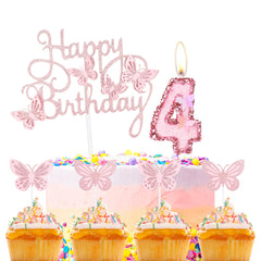 Happy 5th Butterfly Birthday Candles, Pink Number 5 Candle with Butterfly Cake Cupcake Topper for Girls, 5th Birthday Candles Cake Decorations, Cute 5th Birthday Cake Topper for Butterfly Theme Party