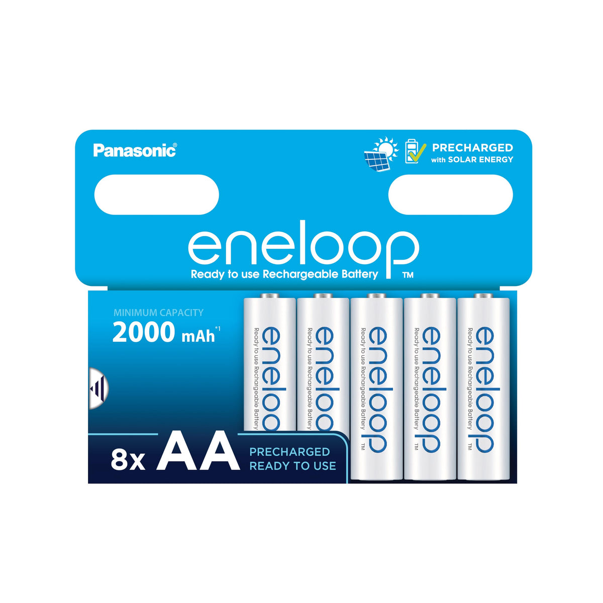 eneloop, AA/Mignon, rechargeable battery, 8-pack, capacity of 2000 mAh, ready-to-use Ni-MH batteries, 2000 recharge cycles, plastic free packaging, standard, white