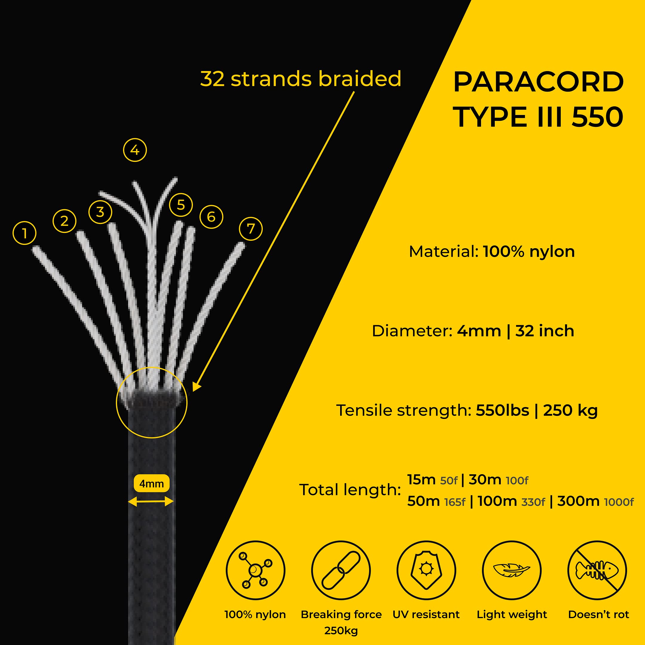 EdcX Paracord 4mm, 35and Solid Colors (10m, 15m, 30m, 50m, 100m, 300m)   Ideal for Crafting, DIY, Camping, Survival, Outdoor   100% Nylon Rope 4mm   Tactical Cord 550 Type III (Sofit Yellow, 30 m)