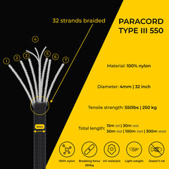 EdcX Paracord 4mm, 35and Solid Colors (10m, 15m, 30m, 50m, 100m, 300m)   Ideal for Crafting, DIY, Camping, Survival, Outdoor   100% Nylon Rope 4mm   Tactical Cord 550 Type III (Sofit Yellow, 30 m)